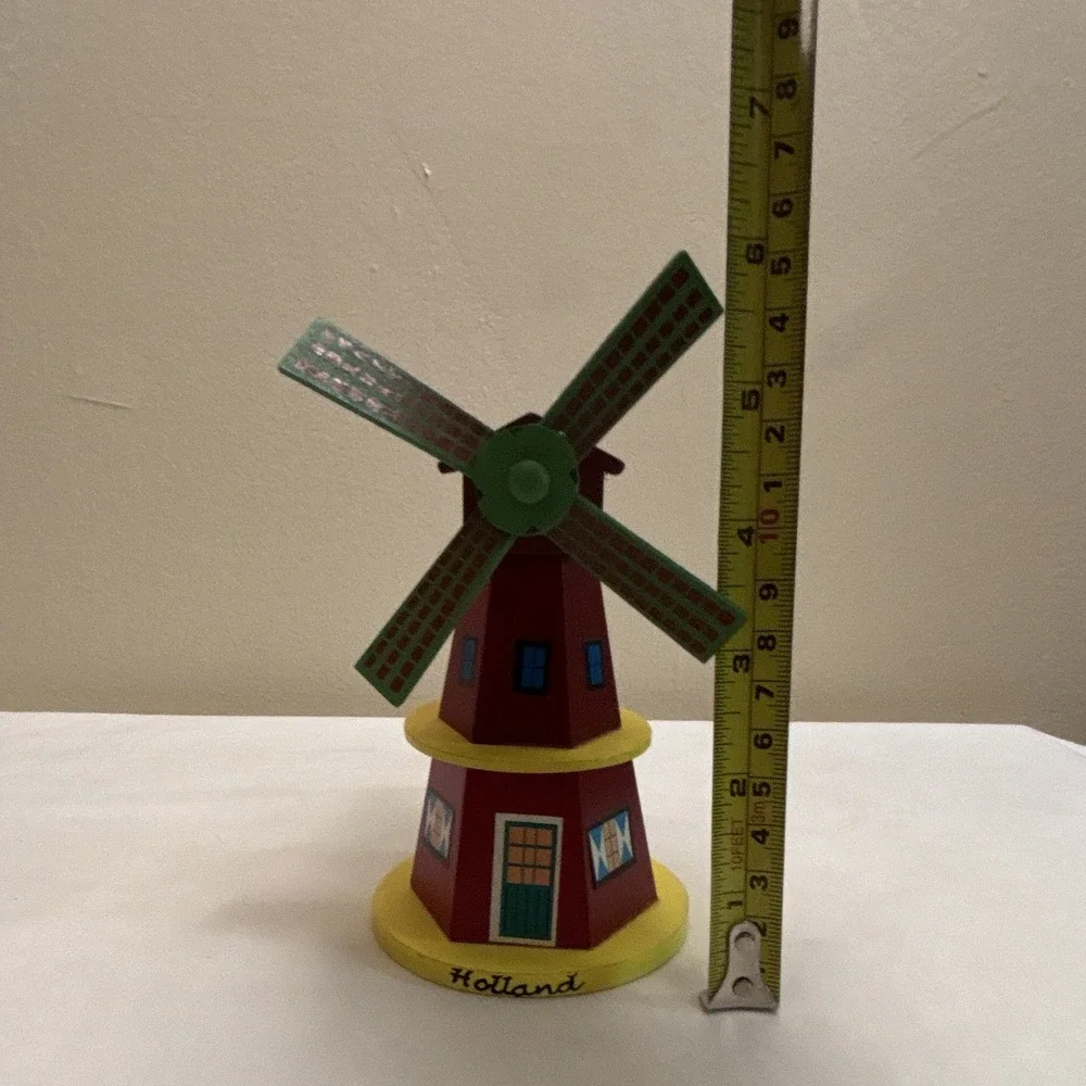 Painted Wood Holland Windmill Figurine 5 in Red Green Yellow Blue